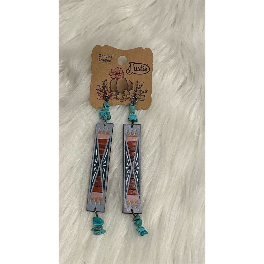 🆕 Justin Aztec Pattern Leather Earrings Multicolor Dangle Turquoise Bead